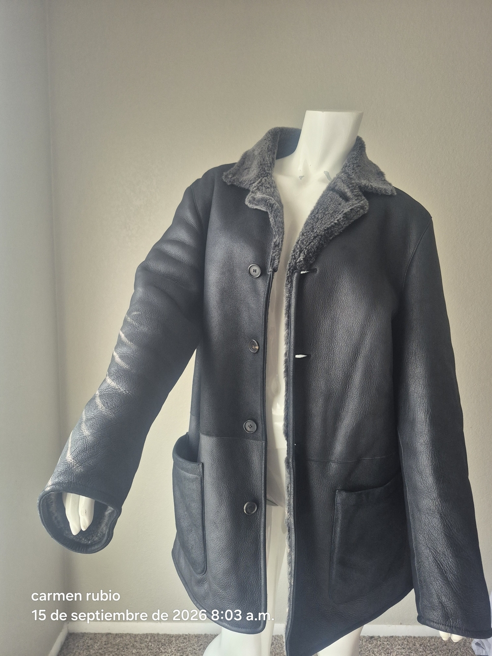 Lanvin Black Shearling-Trim Leather Pea Coat